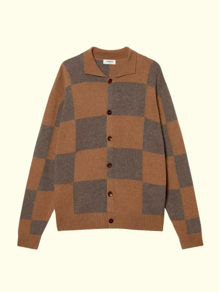 POMPEII - DARK CHOCOLATE CHECKED CARDIGAN POLO (S)
